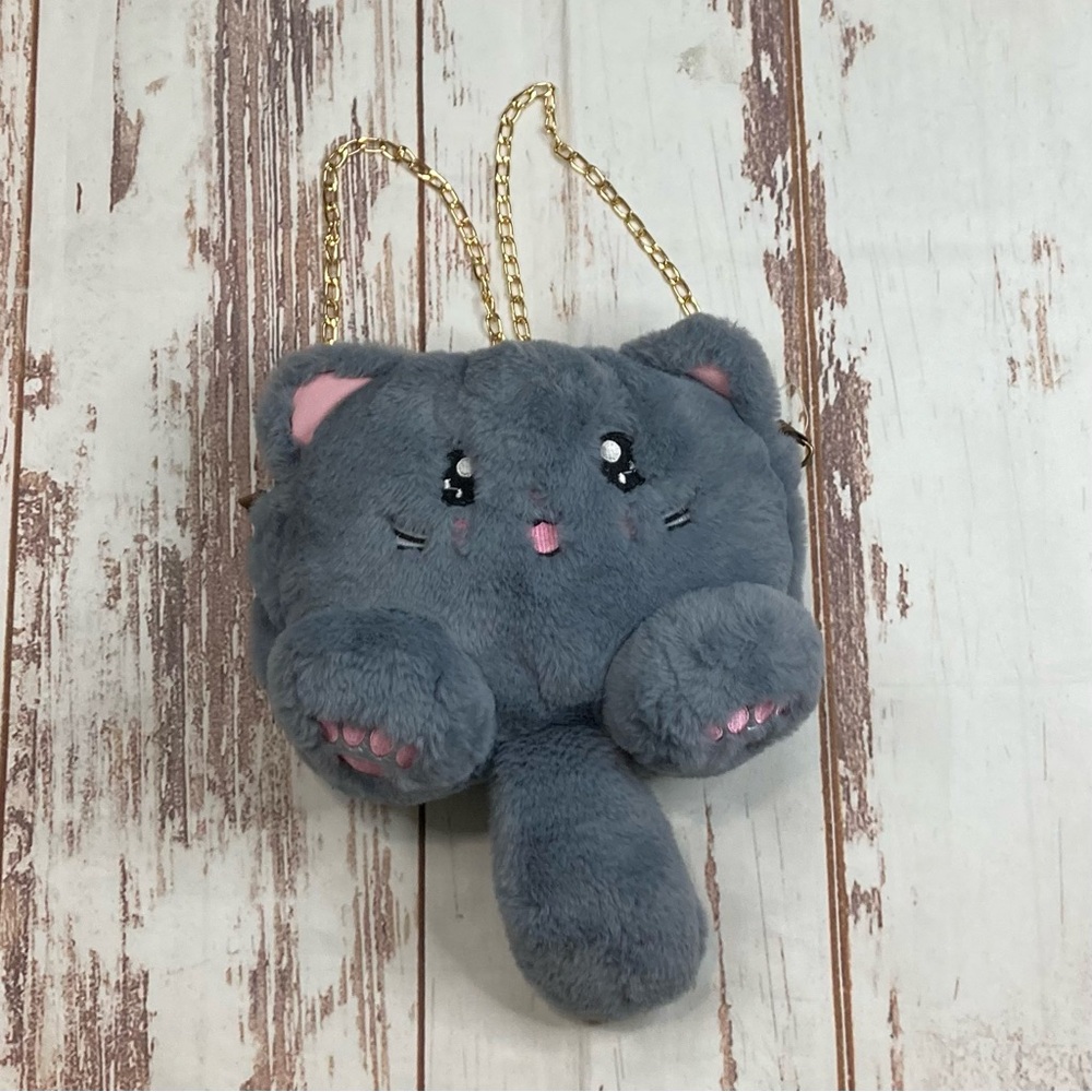 Plush Kitty Backpack Bag/Purse Crossbody Gray Faux Fur